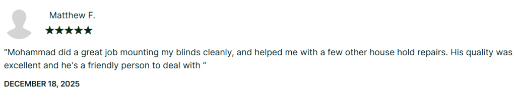 mounting blinds for Matt review 5 star in Toronto downtown